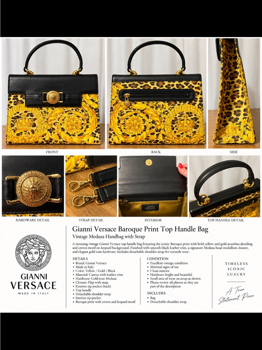 Vintage Gianni Versace Baroque Leopard Medusa Top Handle Bag Strap